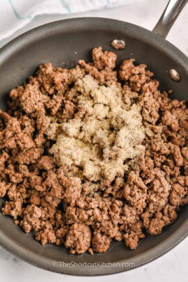 Ground Beef Seasoning with ground beef in a frying pan
