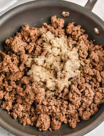 Ground Beef Seasoning with ground beef in a frying pan