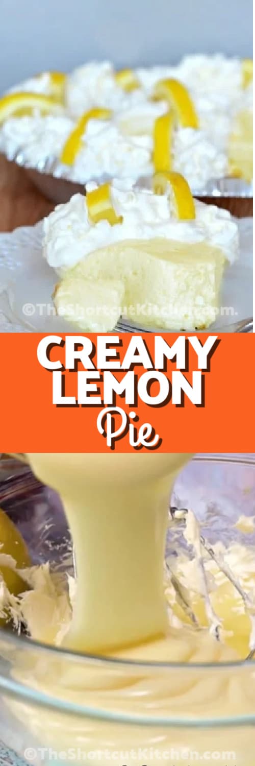 Top image - a slice of lemon pie. Bottom image - lemon pie filling being mixed with text.
