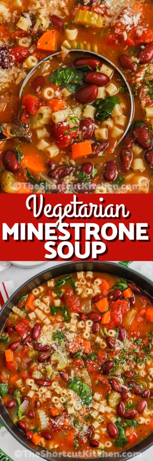 Minestrone Soup Recipe in the pot and close up with writing