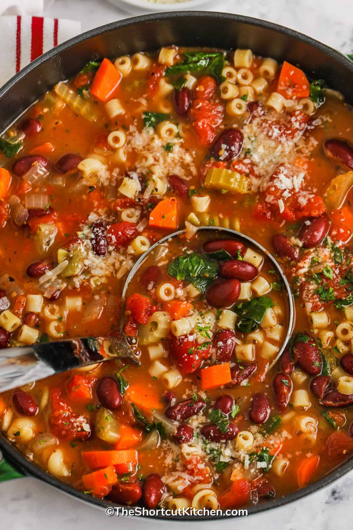 Minestrone Soup Recipe cooked in a pot with a spoon