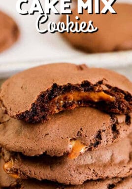 Caramel Stuffed Chocolate Cake Mix Cookies with writing