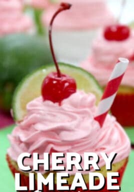 Cherry Limeade Cupcake garnished with cherries with text