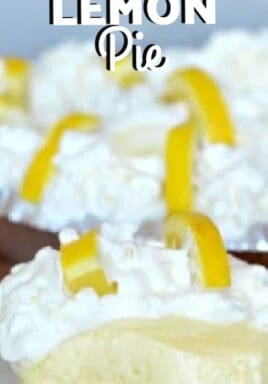 A slice of creamy lemon pie with text.