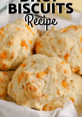 A basket of Easy Drop Biscuits with writing