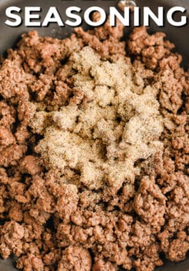 Ground Beef Seasoning with ground beef in a pan with a title