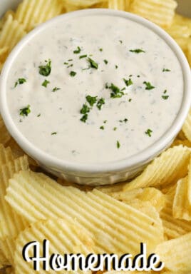 Homemade Chip Dip served with chips with writing