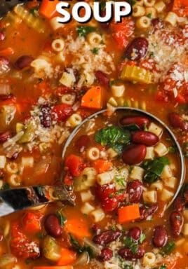 close up of Minestrone Soup Recipe with writing