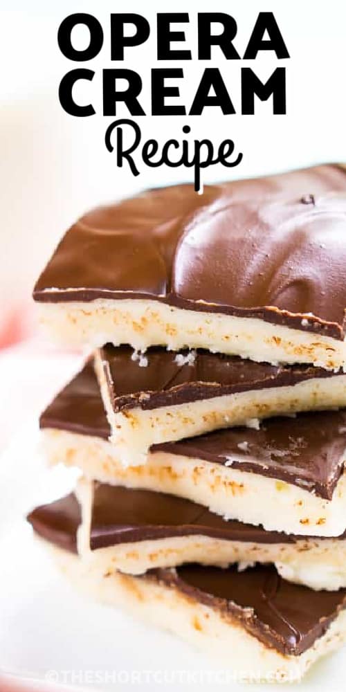 A stack of five Opera Cream Candies with text