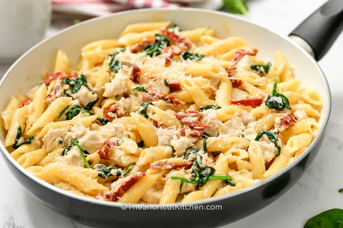 Tuscan Chicken Pasta in a pan
