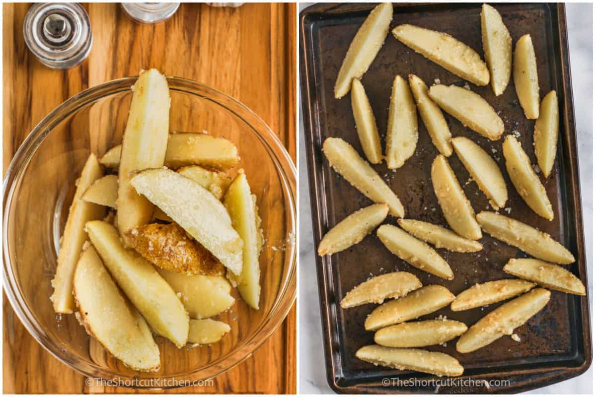 tossing oven baked potato wedges in oil, seasoning and cheese, then placing on a baking sheet.