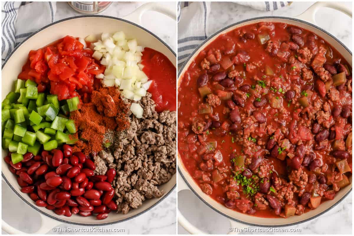 ingredients assembled in a pot to make Quick And Easy Chili, and the chili in the pot after it has been simmered.