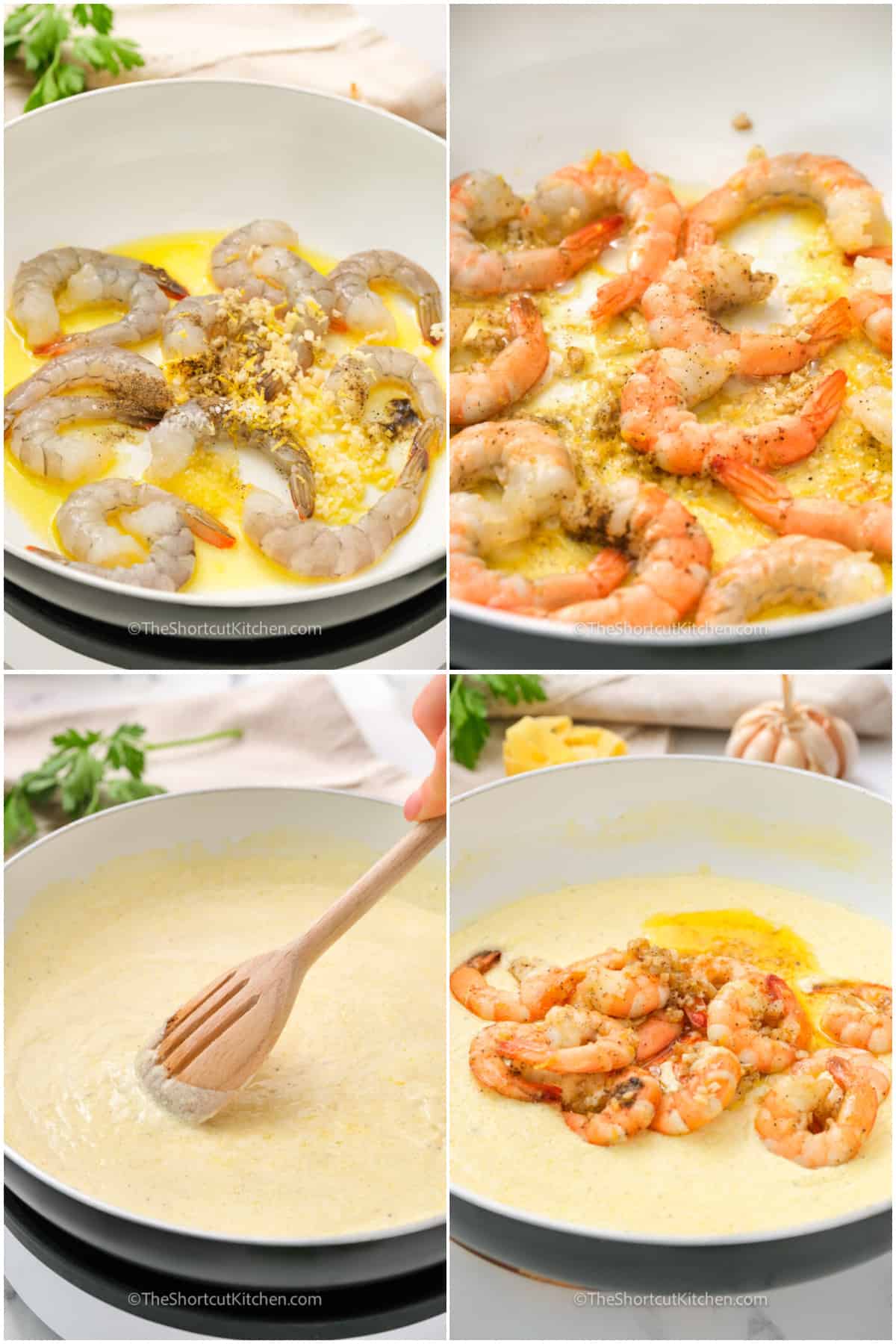 process to make Easy Shrimp Alfredo - cooking the shrimp, making the alfredo sauce, and adding shrimp to the sauce