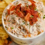 Bacon Cheddar Cream Cheese Dip topped with bacon