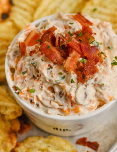 Bacon Cheddar Cream Cheese Dip topped with bacon