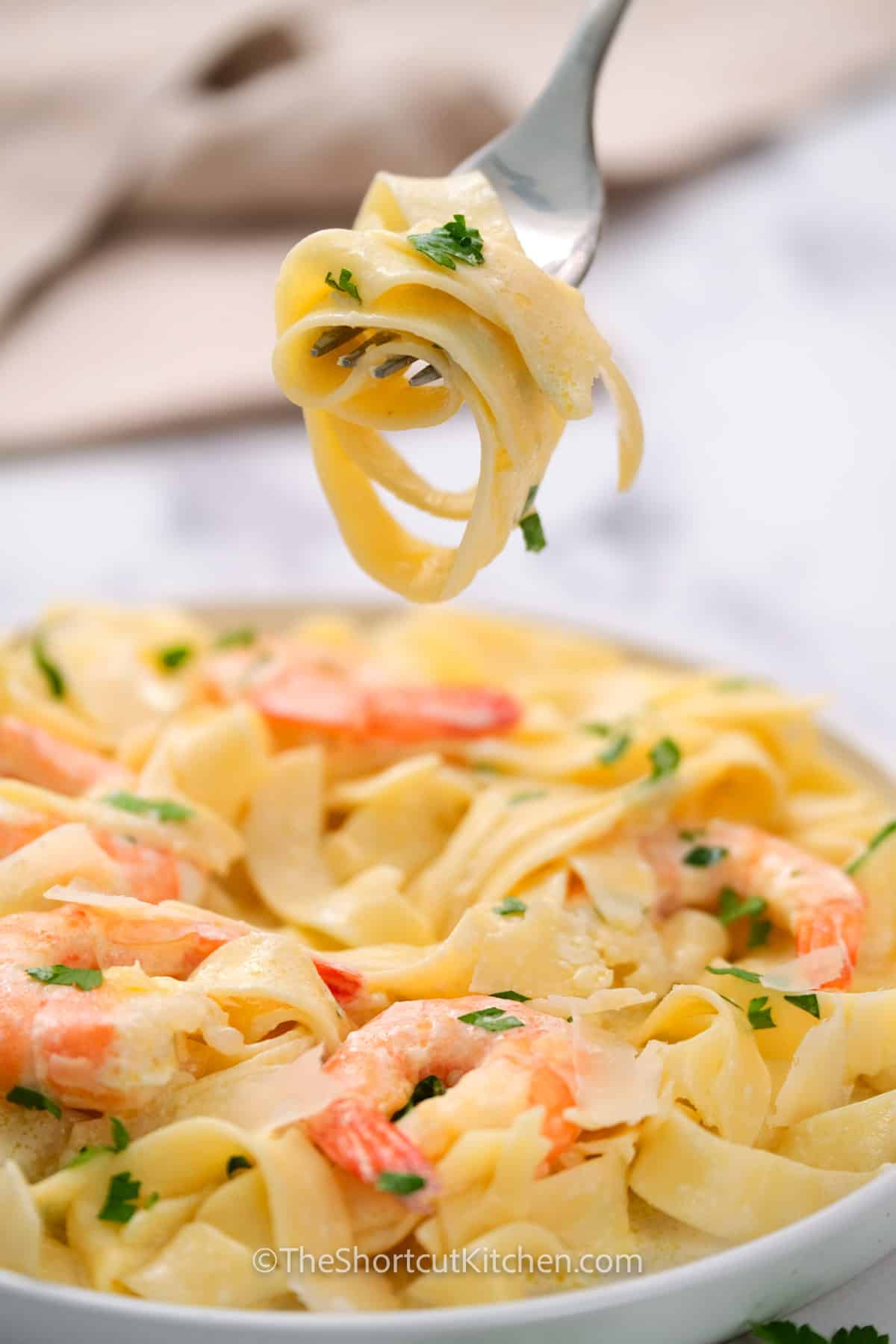 Easy Shrimp Alfredo with the pasta twirled on a fork