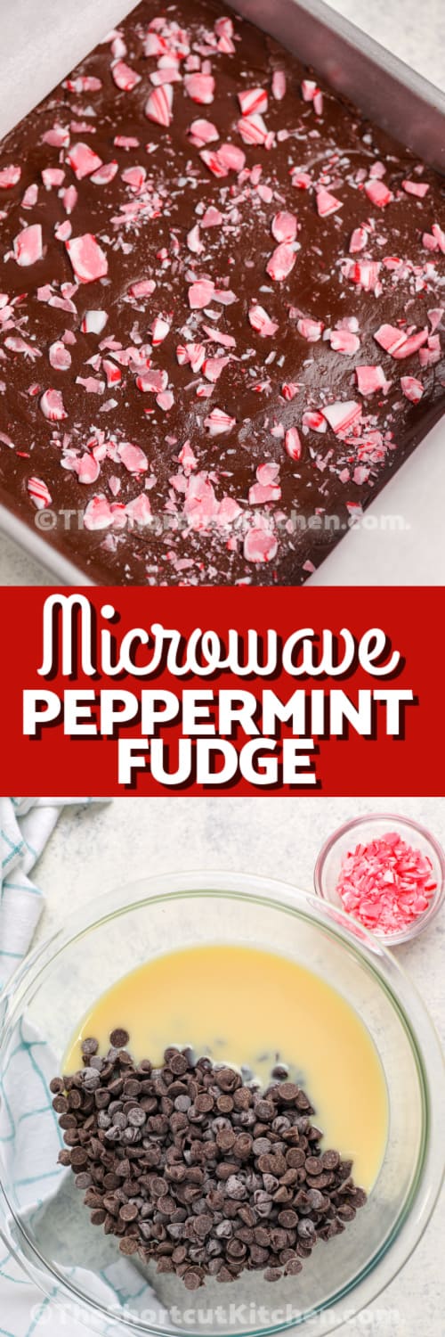 Top image - Microwave Peppermint Fudge prepared in a pan. Bottom image - Microwave Peppermint Fudge ingredients ready to be melted in a bowl with a title