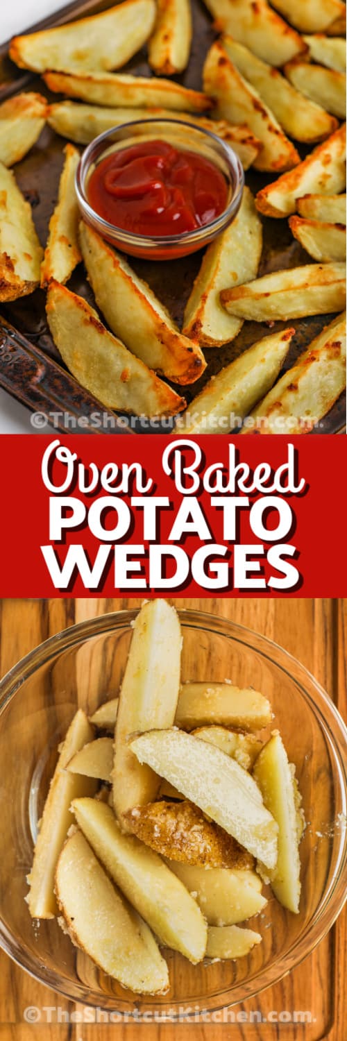 Top image - potato wedges with ketchup. Bottom image - potato wedges seasoned in a bowl with writing
