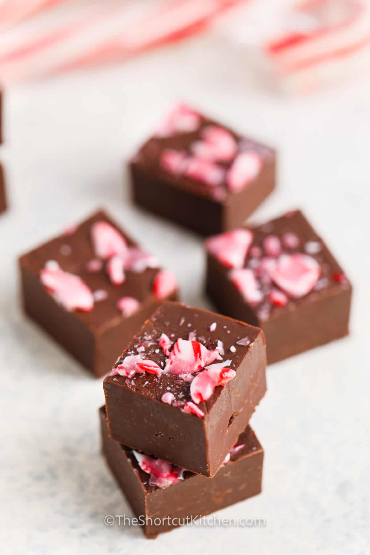 Peppermint Fudge squares topped with crushed peppermint candies
