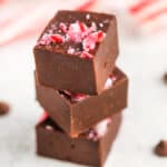 Three microwave peppermint fudge squares stacked