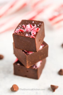 Three microwave peppermint fudge squares stacked