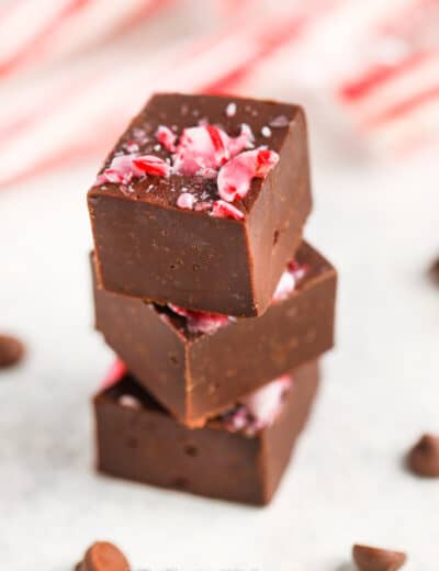 Three microwave peppermint fudge squares stacked
