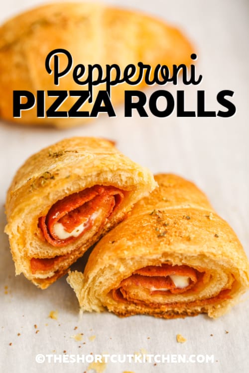 A pepperoni pizza roll sliced in half with a title