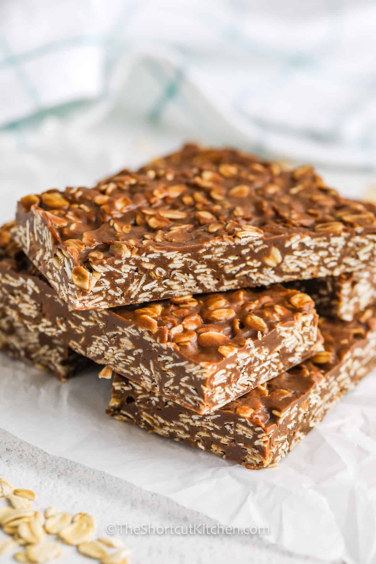 A stack of No Bake Peanut Butter Oatmeal Bars