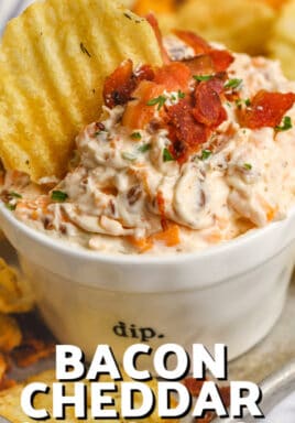Bacon Cheddar Cream Cheese Dip with writing
