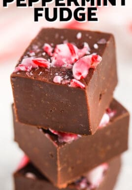Three peppermint fudge squares stacked with a title