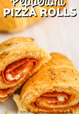 A baked pepperoni pizza roll sliced in half with a title