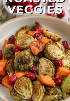 Roasted Vegetables in a serving bowl with writing