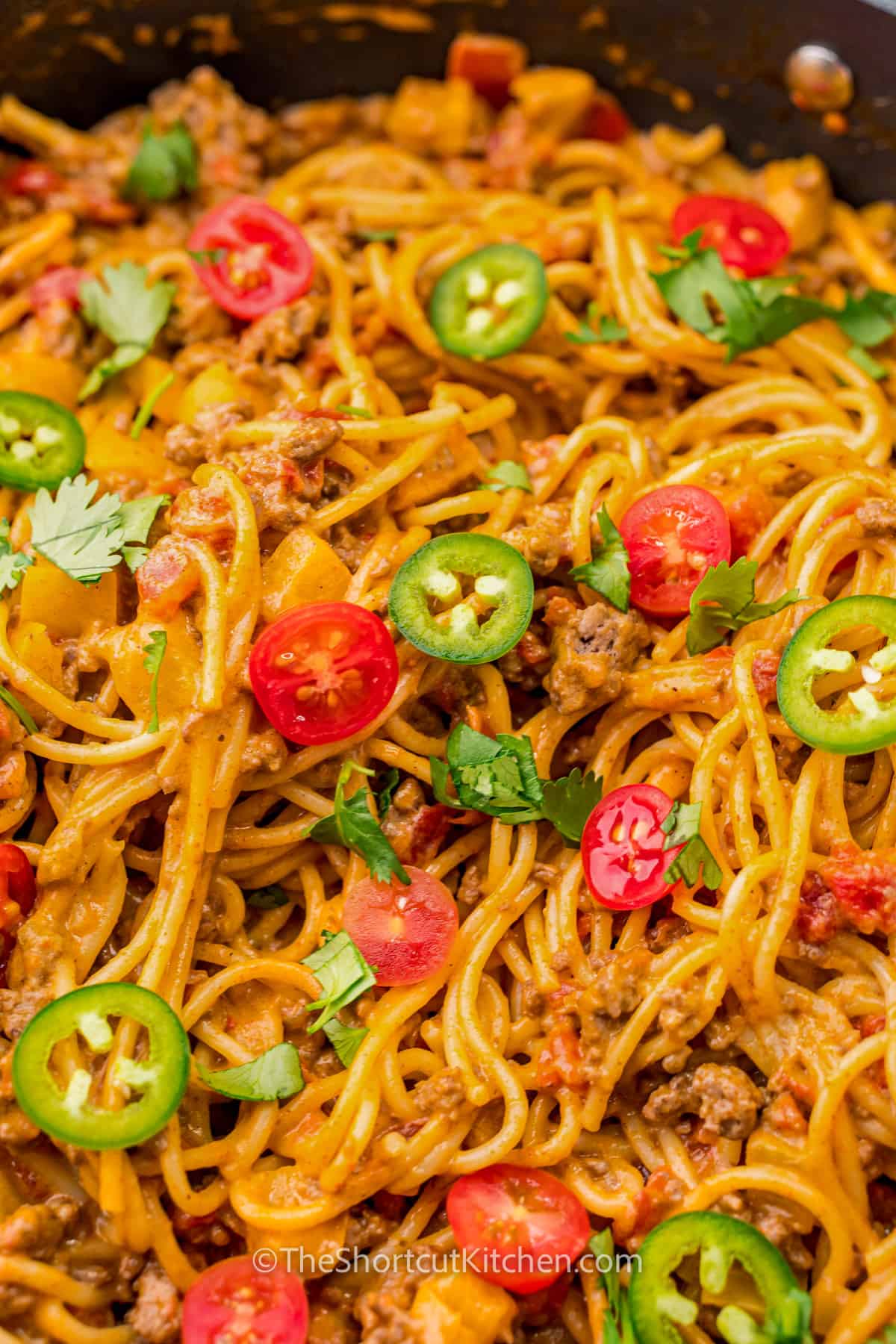 Close up of prepared taco spaghetti