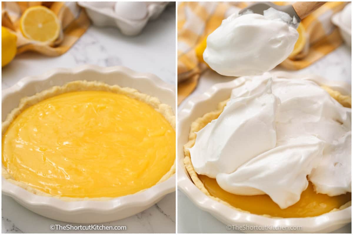 lemon pie filling in a prepared crust, and homemade meringue being applied on top of the filling