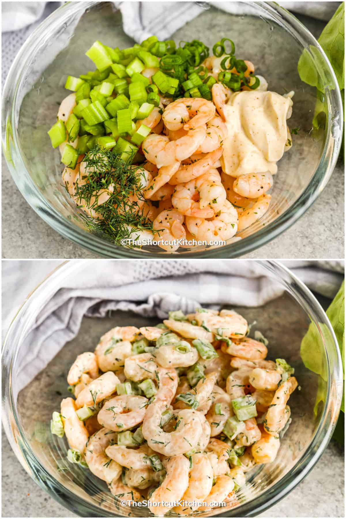 easy shrimp salad ingredients in a clear mixing bowl, and the ingredients all combined in the mixing bowl.