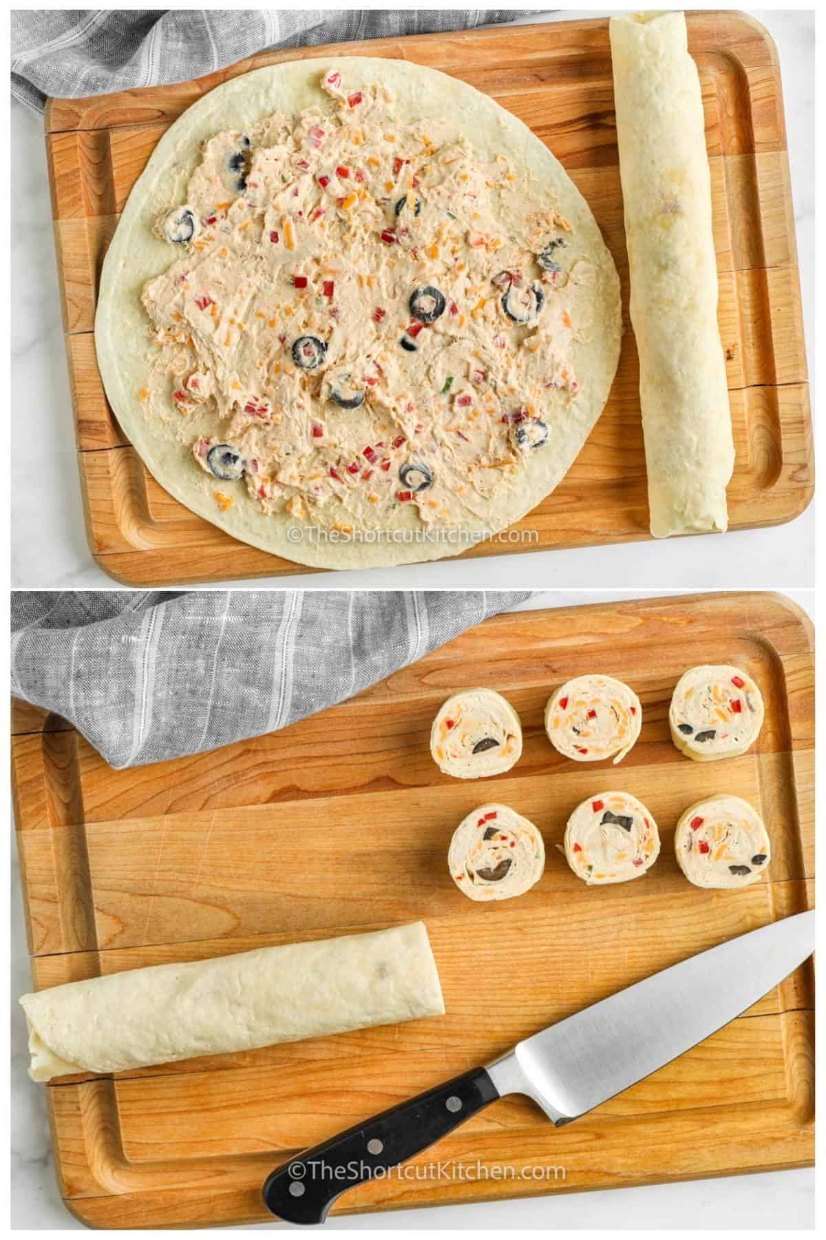 process of rolling and cutting Easy Tortilla Pinwheels