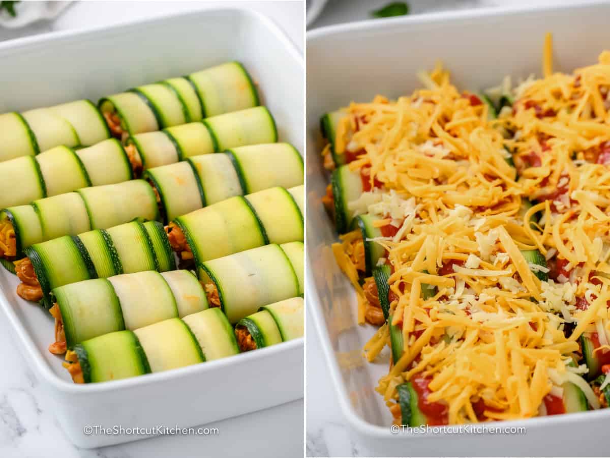 two photos showing layers of zucchini enchiladas, sauce, and cheese in baking dish