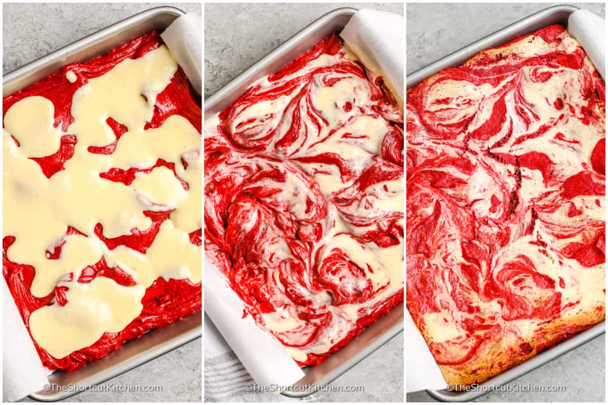 process to swirl the cheesecake mixture into the red velvet batter, then bake it, for this Red Velvet Brownies recipe
