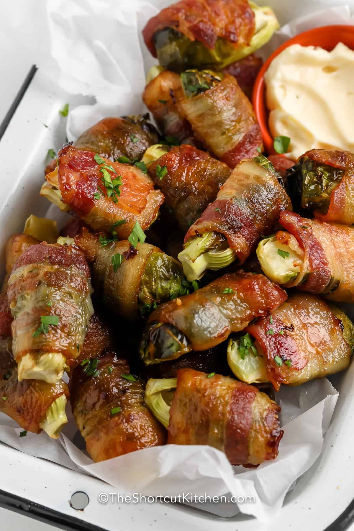 bacon wrapped brussels sprouts in a tray