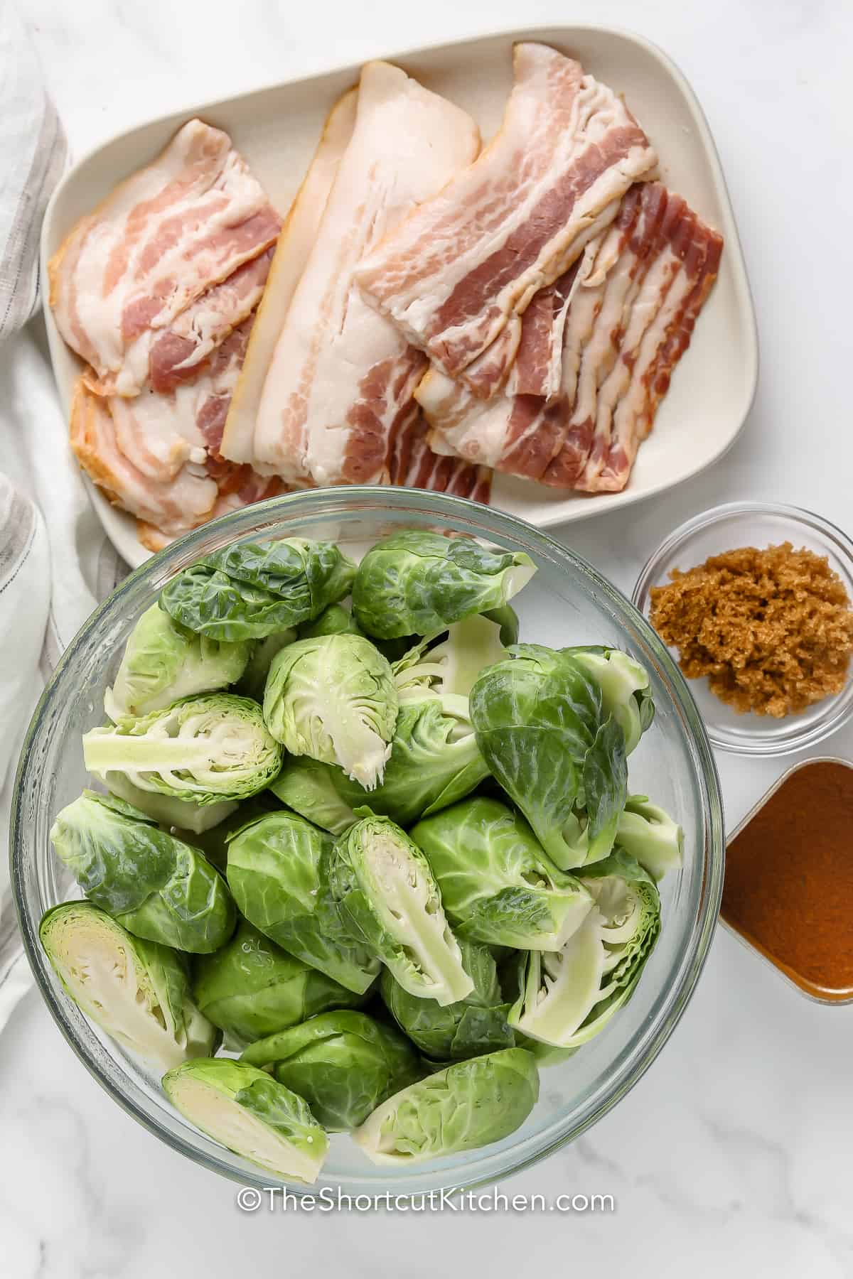 ingredients assembled to make bacon wrapped brussels sprouts