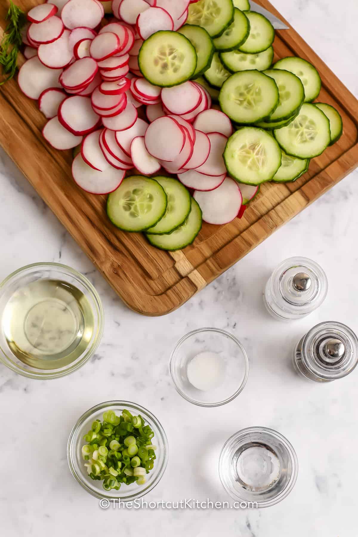 ingredients assembled to make cucumber radish salad