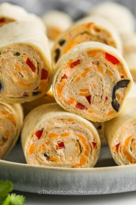 close up of Easy Tortilla Pinwheels on a plate
