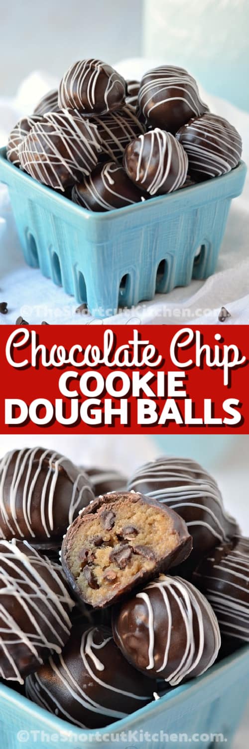 Top image - a basket of cookie dough balls. Bottom image - a close up of chocolate chip cookie dough balls with a title