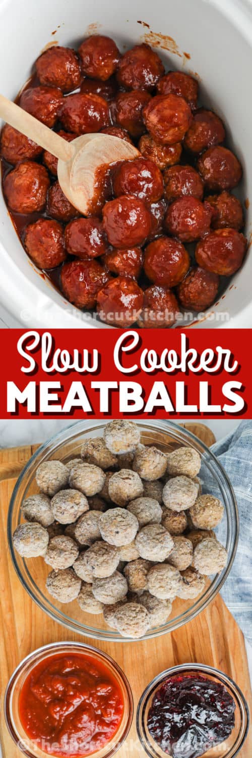 ingredients to make Crock Pot Jelly Meatballs with cooked meatballs and writing