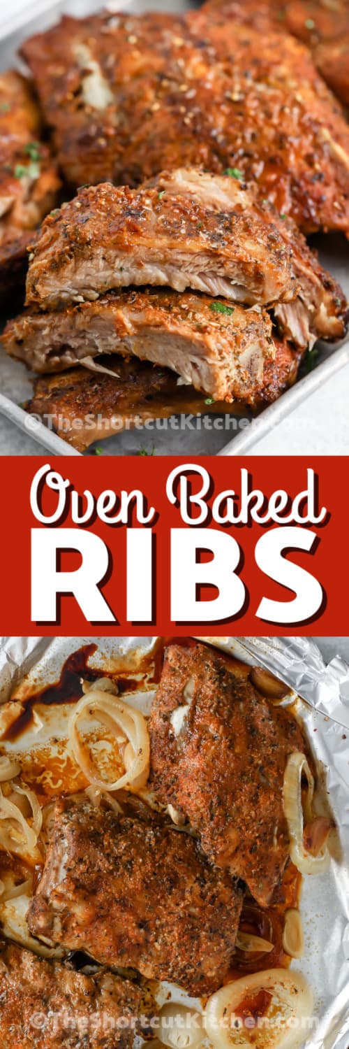 two images of oven baked ribs with text