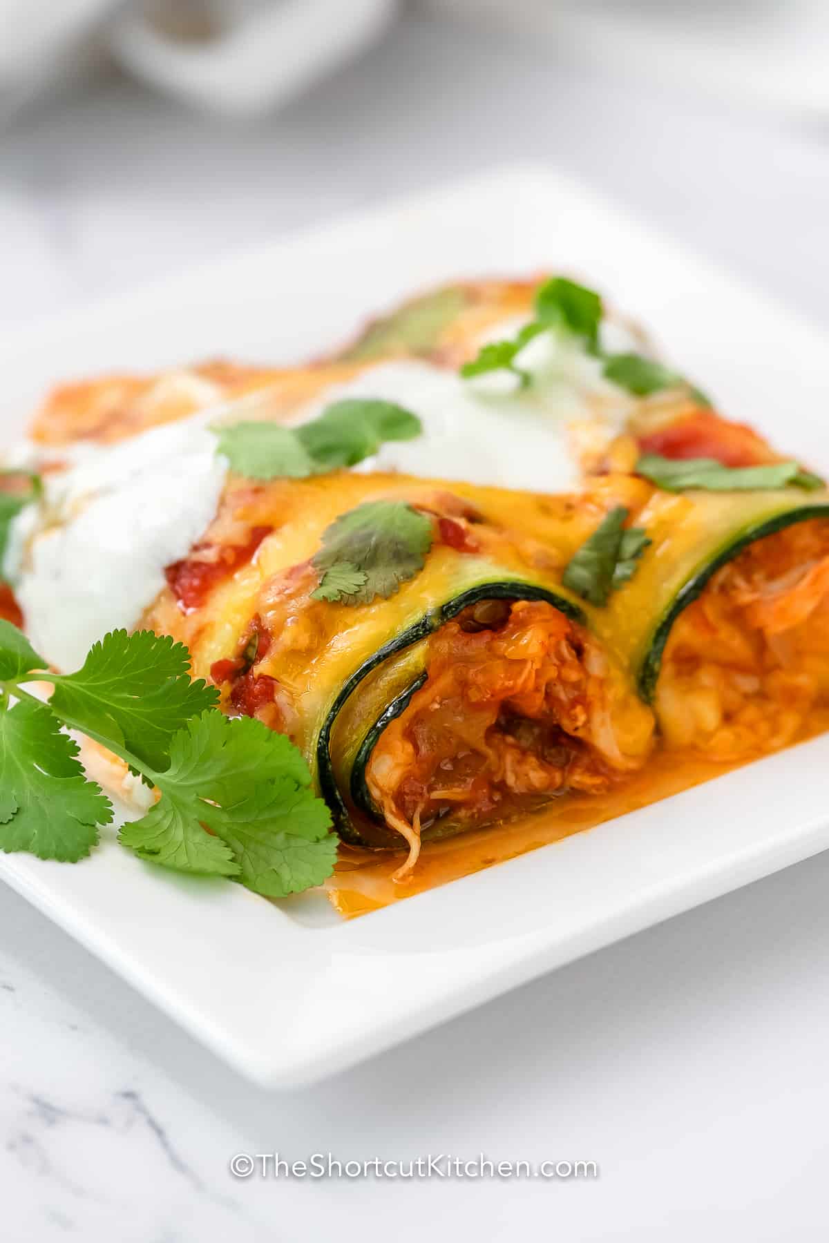 zucchini enchiladas on plate topped with cilantro