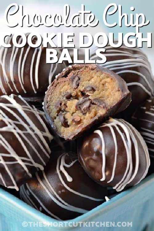 A close up of chocolate chip cookie dough balls with a title