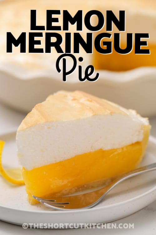 A slice of lemon meringue pie on a plate with a title