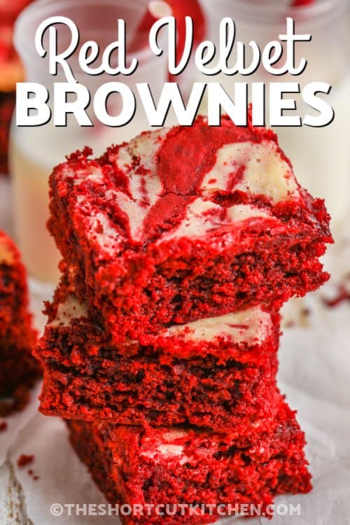 three red velvet brownies stacked with a title