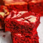 Two red velvet brownies stacked